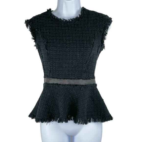 Rebecca Taylor Black Tweed Peplum Fringe Leather Trim Wool Cap Sleeve Top 2 - Picture 2 of 16